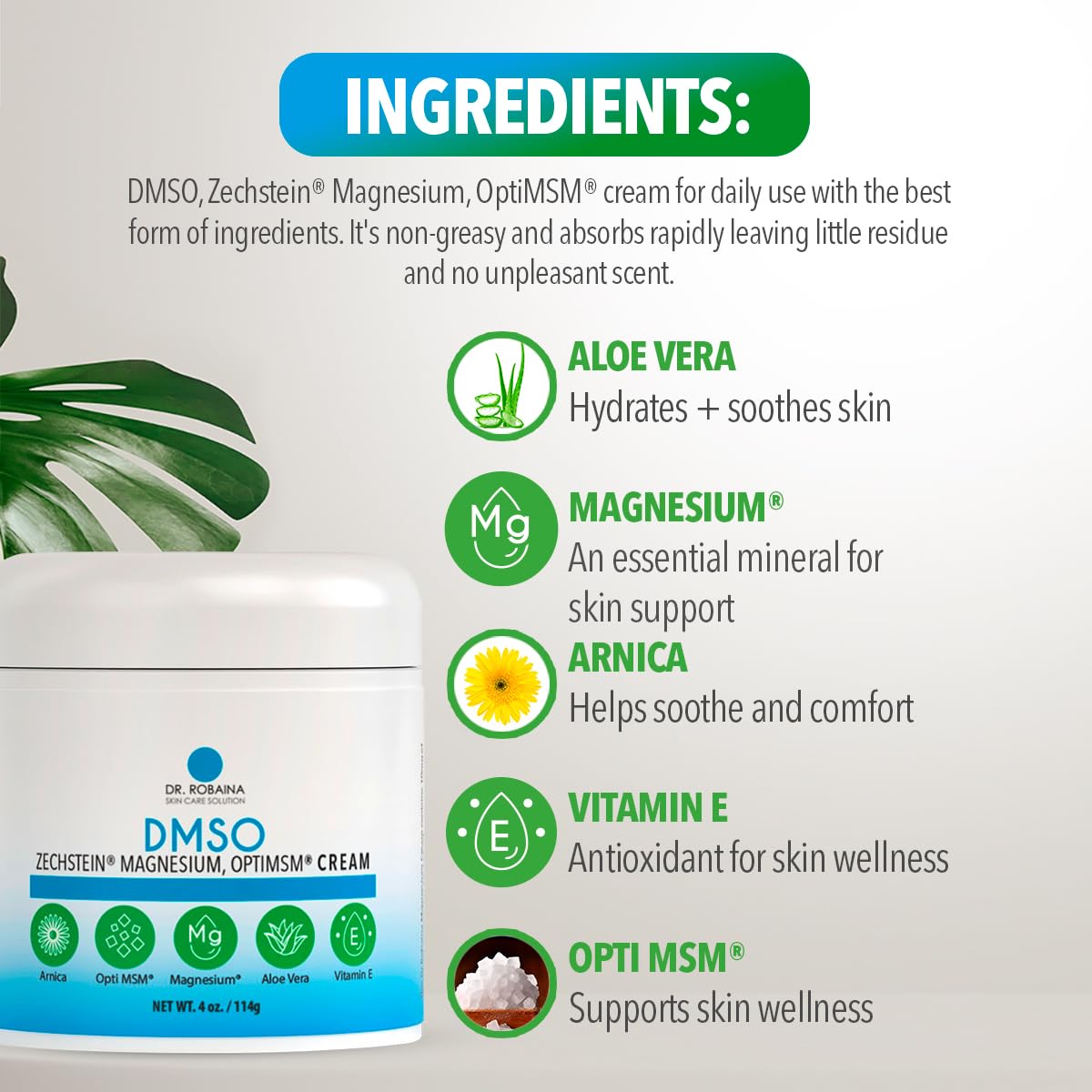 Dr. Robaina DMSO Cream – 99.9% Pure Dimethyl Sulfoxide | Formula with Zechstein Magnesium, Arnica, Aloe Vera & Vitamin E | Topical Cream for Body Wellness