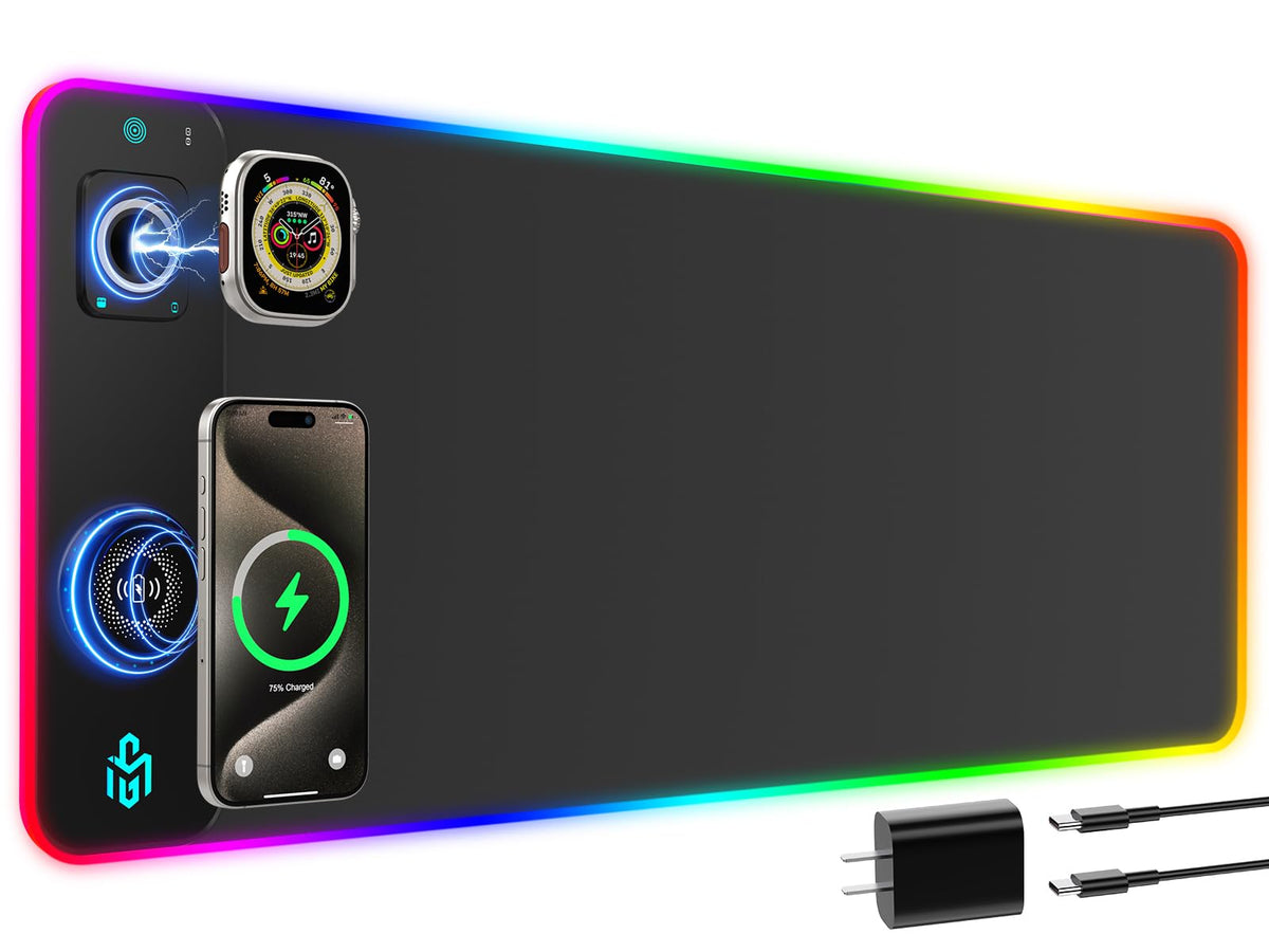 GIM Wireless Charging RGB Gaming Mouse Pad LED Desk Mat with Foldable Phone Stand