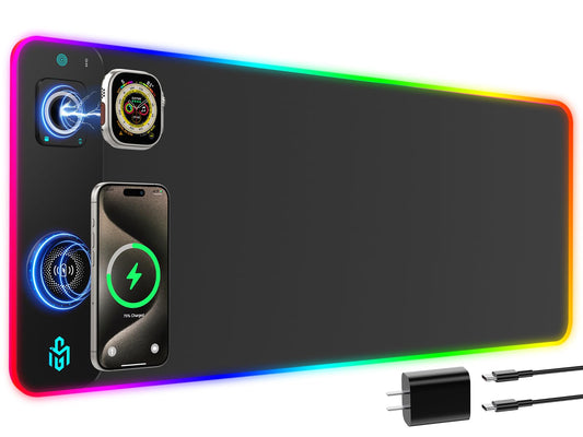 GIM Wireless Charging RGB Gaming Mouse Pad LED Desk Mat with Foldable Phone Stand