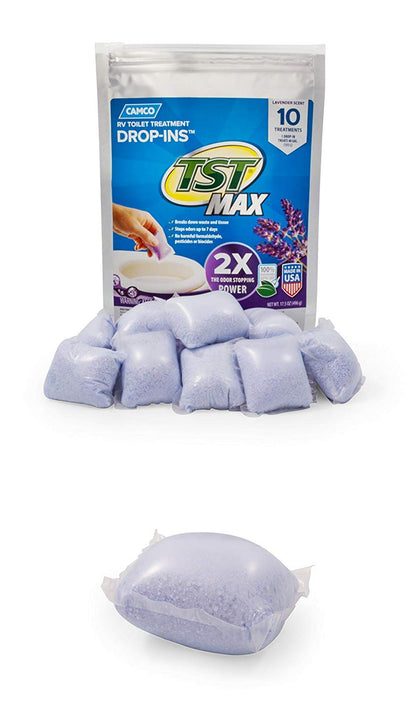 Camco TST MAX RV Toilet Treatment Drop-INs - Control Unwanted Odors & Break Down Waste and Tissue - Safe Septic Tank Treatment - Orange Scent, 30-Pack (41183)
