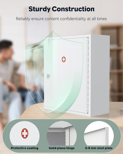 Uniclife Wall Mount Medicine Cabinet with Combination & Key Lock Locking First Aid Cabinet Lockable Medical Cabinet Large Capacity Medicine Organizer Secure Steel Wall Cabinet Metal Storage Box, White