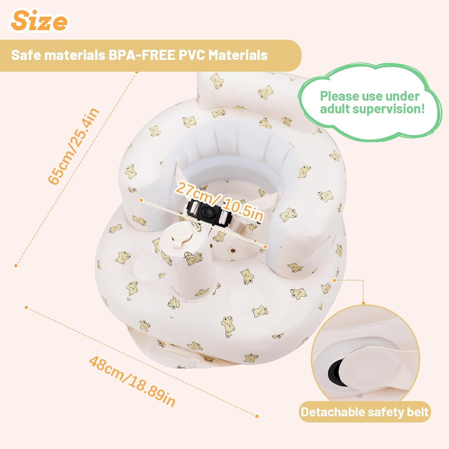 Aufblasbarer Babysitz, aufblasbarer Babystuhl für Babys ab 3 Monaten, aufblasbarer Sommerstuhl mit integrierter Luftpumpe, Baby-Bodensitz zum Sitzenlernen, Spielen, Campen, Orange