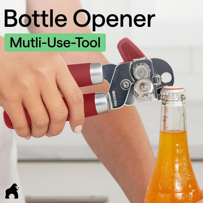 GORILLA GRIP Robuster manueller Dosenöffner, Flaschenöffner aus Edelstahl, öffnet Dosen mühelos, scharfe Klinge mit glattem Schnitt, leicht drehbarer Knopf für Senioren mit Arthritis, Küchenhelfer, Schwarz