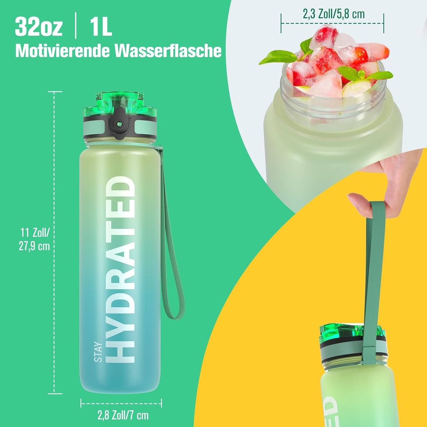 Sahara Sailor Trinkflasche, 950ml Motivations-Sportflasche mit Zeitmarkierung – Trinkzeiten – Tritan, BPA-frei, weite Öffnung auslaufsicher, Fast-Flow-Technologie mit Reinigungsbürste (1 Flasche)