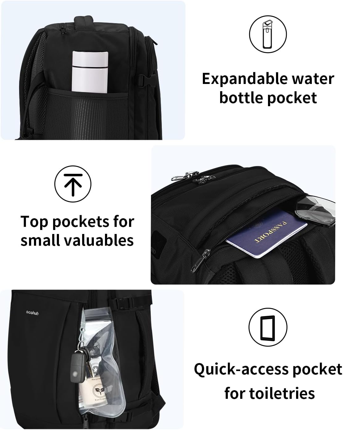 ECOHUB 16'' Reise-Rucksack Handgepäck Unterseat-Rucksack Persönlicher Gegenstand Flugzeug-Reisetasche mit 13 Taschen Handgepäck Flaschenhalter USB-Ladeanschluss Casual Daypack für Frauen Männer Schwarz