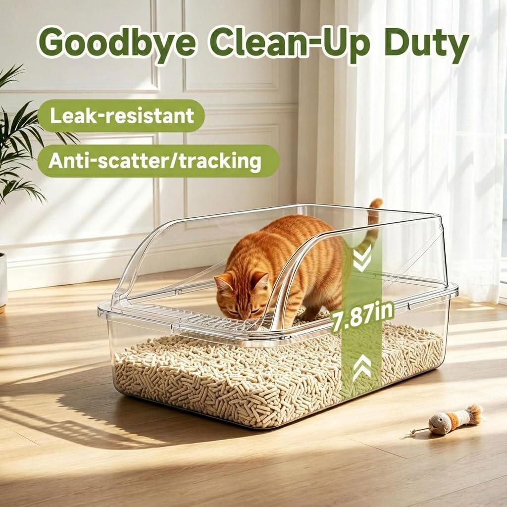 Stainless Steel Cat Litter Box, Odor Free Metal Litter Box with High Sides Lid, Open Top Low Entry Litter Pan Include Scoop Easy Cleaning Anti-Scratch Kitty Cat Box Anti-Urine Leakage, Non-Sticky