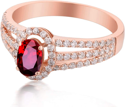 Aienid 18Ct Rose Gold Engagement Rings for Women Gold Diamond 0.45Ct Three Lines with Round Diamond and Oval Ruby Wedding Rings for Women