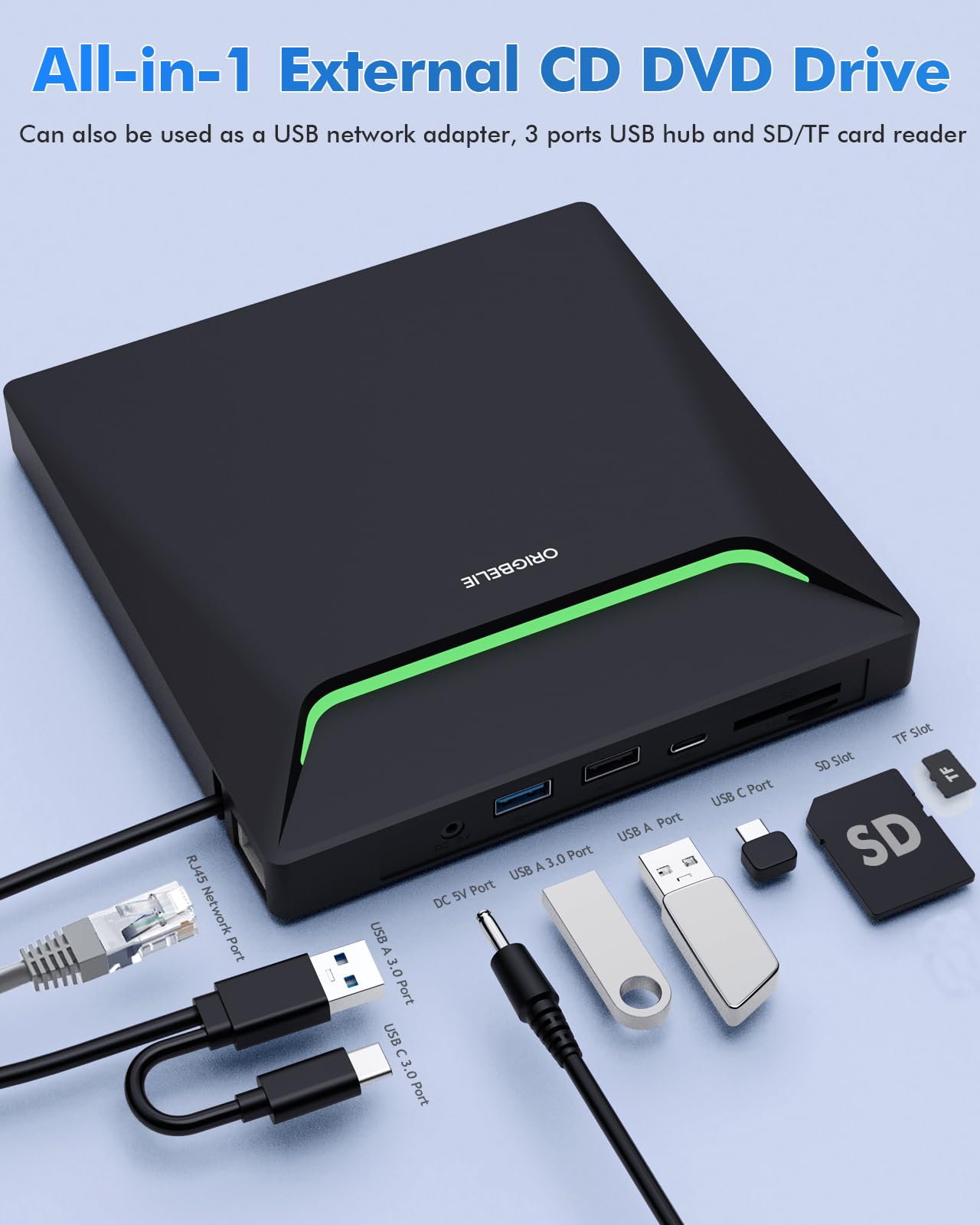 ORIGBELIE externes DVD-Laufwerk, CD-Laufwerk USB 3.0 Typ-C CD/DVD ROM +/-RW Adapter mit USB-Anschluss DVD-Brenner für Laptop, PC, Desktop-Computer, optisches Laufwerk CD-Player kompatibel mit Mac Windows Linux