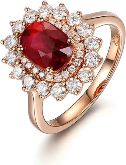 18K Rose Gold Marriage Rings for Women, Women Engagement Ring Flower Inlaid 2.03ct Pigeon Blood Ruby with 0.75ct Diamond Wedding Bands, 10.5, 18K Rose Gold, Cubic Zirconia