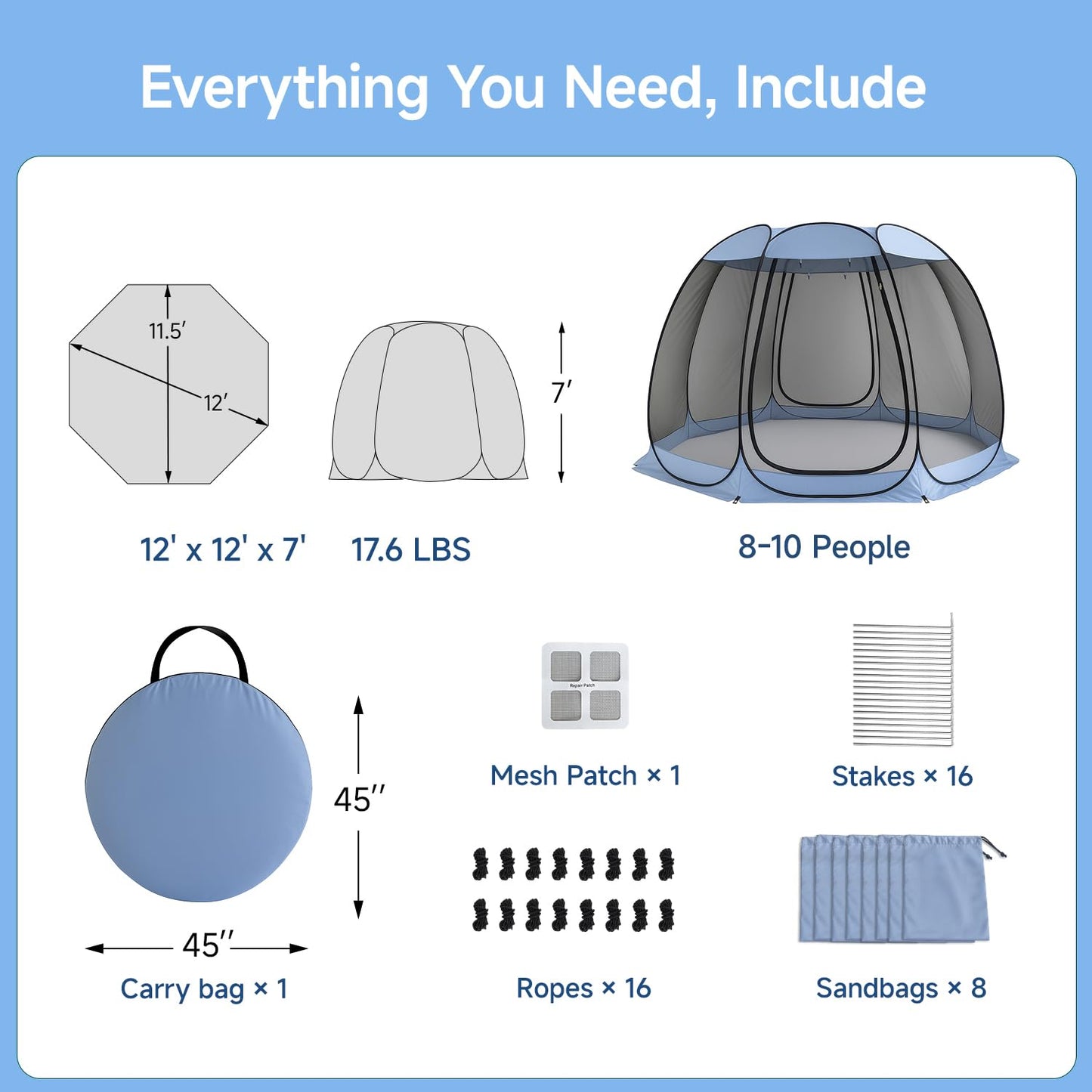 Alvantor Pop Up Screen House Tent, Instant Outdoor Gazebo with Mosquito Netting & UPF 50+ Sun Protection, Portable Canopy Shelter for Patio, Backyard, Camping (2-10 Person)
