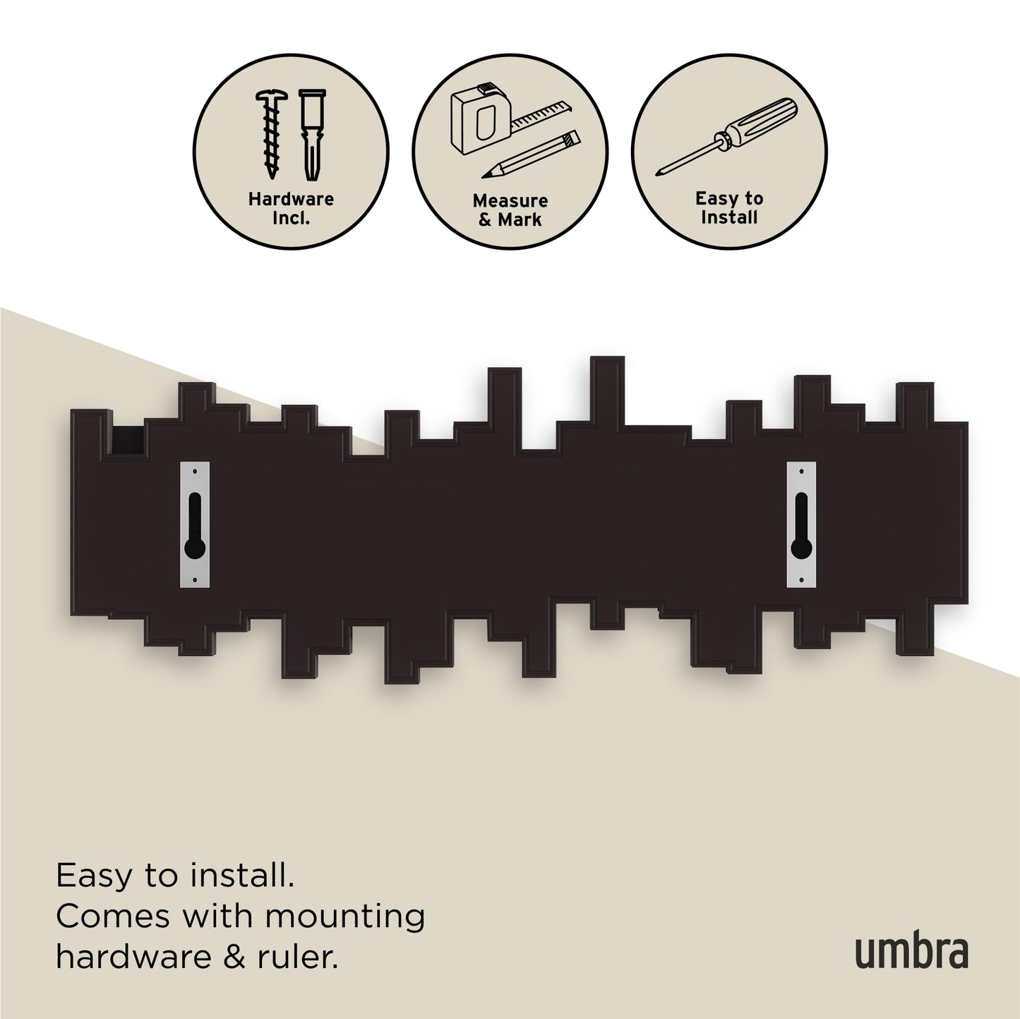 Umbra Sticks Wall-Mounted Coat Rack Rail Hook with 5 Retractable Pegs – Modern, Space-Saving Storage Organizer, Black