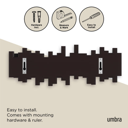Umbra Sticks Wall-Mounted Coat Rack Rail Hook with 5 Retractable Pegs – Modern, Space-Saving Storage Organizer, Black