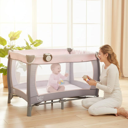 BABY JOY 5 in 1 Pink Pack and Play, Portable Baby Playard with Bassinet & Changing Table, Infant Pink Girl Bassinet Center w/Hangings & Music & Oxford Bag for Baby Toddlers (Rose, Dot Circle)