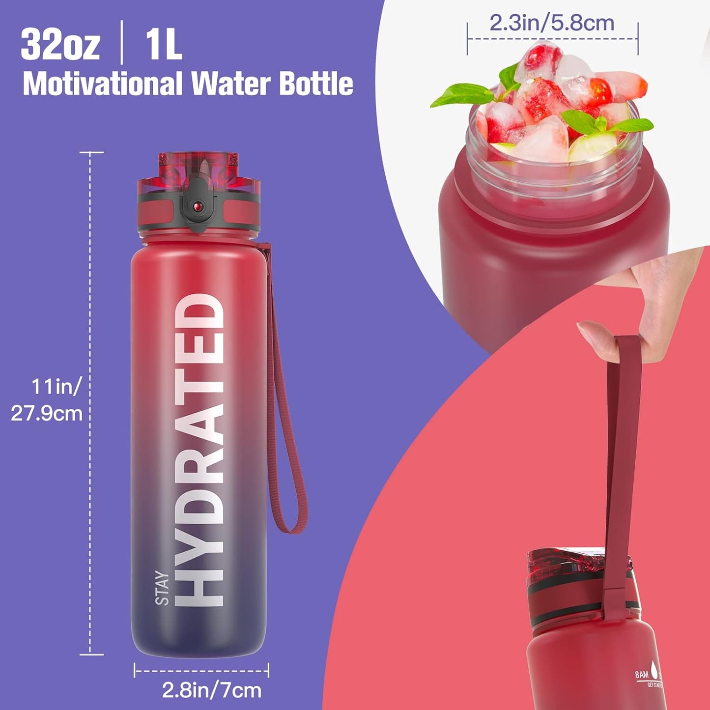 Sahara Sailor Trinkflasche, 950ml Motivations-Sportflasche mit Zeitmarkierung – Trinkzeiten – Tritan, BPA-frei, weite Öffnung auslaufsicher, Fast-Flow-Technologie mit Reinigungsbürste (1 Flasche)