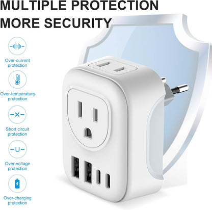2 Pack European Travel Plug Adapter, VYLEE International Travel Adapter with 2 Outlets 4 USB Ports(2 USB C), 6 in 1 Type C Travel Essentials Charger for US to Most of Europe EU Italy Spain France