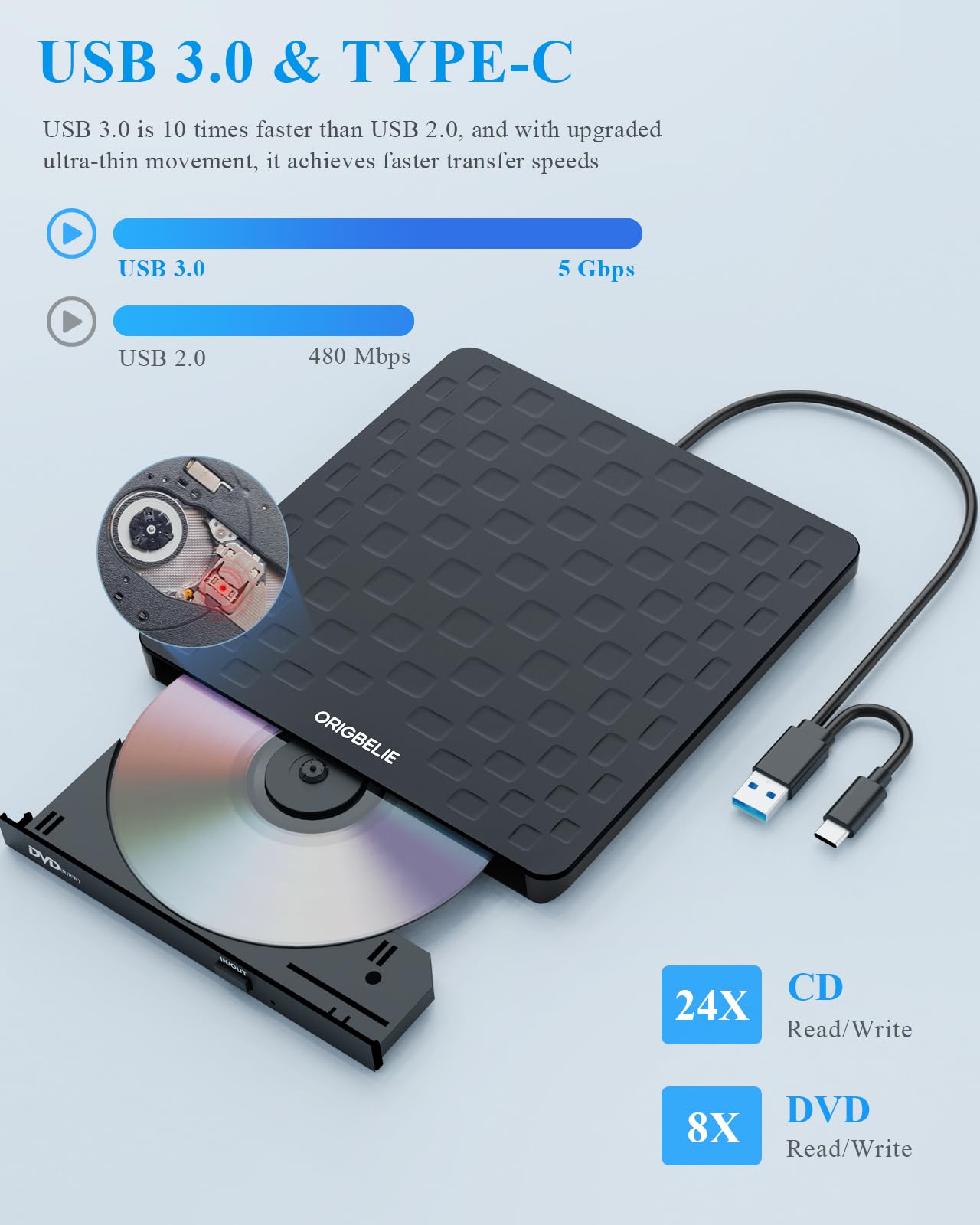 ORIGBELIE externes DVD-Laufwerk, CD-Laufwerk USB 3.0 Typ-C CD/DVD ROM +/-RW Adapter mit USB-Anschluss DVD-Brenner für Laptop, PC, Desktop-Computer, optisches Laufwerk CD-Player kompatibel mit Mac Windows Linux