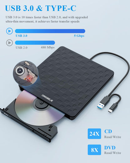 ORIGBELIE externes DVD-Laufwerk, CD-Laufwerk USB 3.0 Typ-C CD/DVD ROM +/-RW Adapter mit USB-Anschluss DVD-Brenner für Laptop, PC, Desktop-Computer, optisches Laufwerk CD-Player kompatibel mit Mac Windows Linux