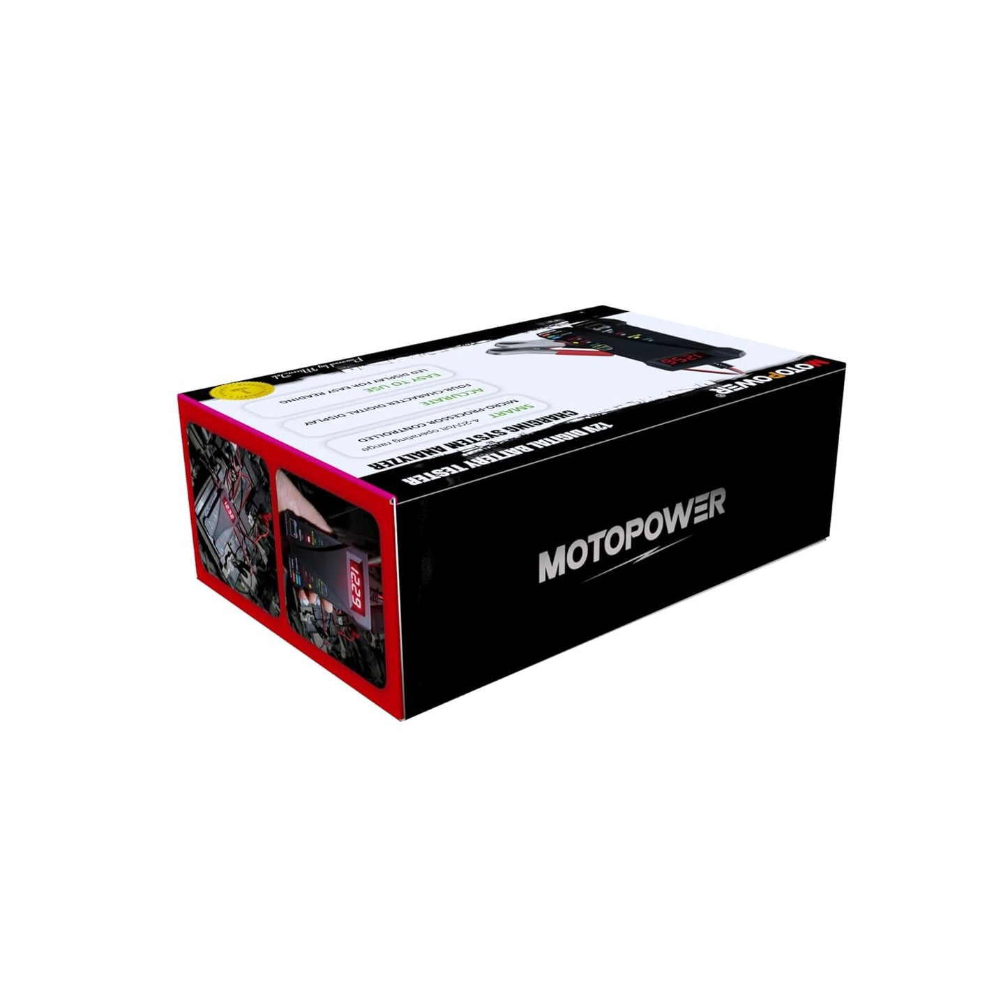 MOTOPOWER MP0514A 12V Digitaler Autobatterietester Voltmeter und Ladesystemanalysator mit LCD-Anzeige und LED-Indikation – Schwarze Gummifarbe