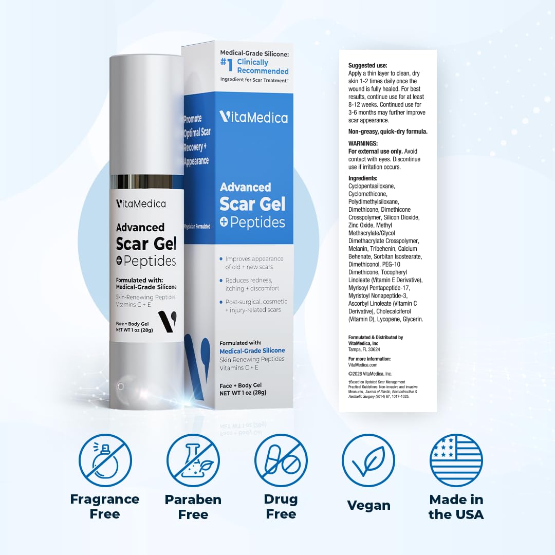 VitaMedica Scar Gel + Peptides - Medical Grade Silicone Scar Gel for Old & New Scars, Acne, Surgical, Burn & Keloid, Helps Reduce Redness & Itching, Face & Body, 2-Pack
