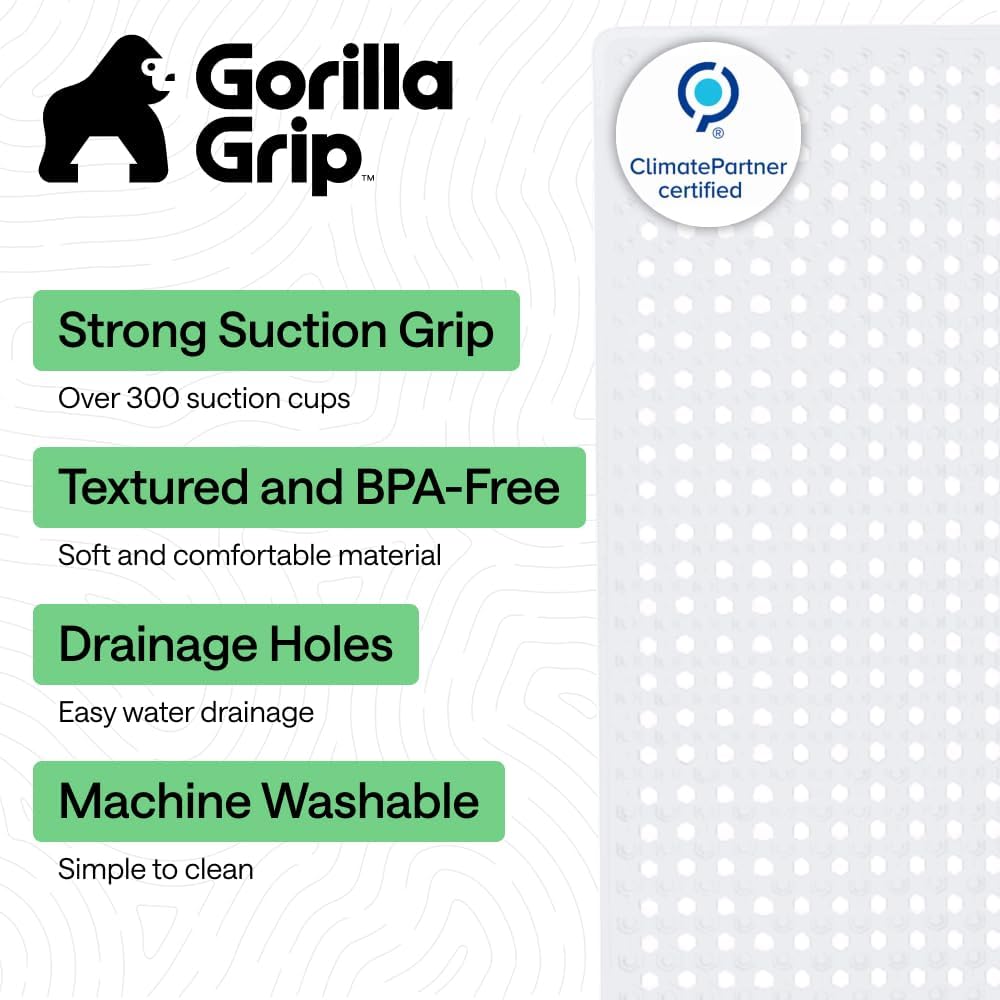 GORILLA GRIP Patentierte Badewannen-Duschmatte, Maschinenwaschbare Badewannenbodenmatte, Saugnäpfe und Abflusslöcher für saubere Wannen, Badezimmer-Essentials, 89x41 cm, Transparent
