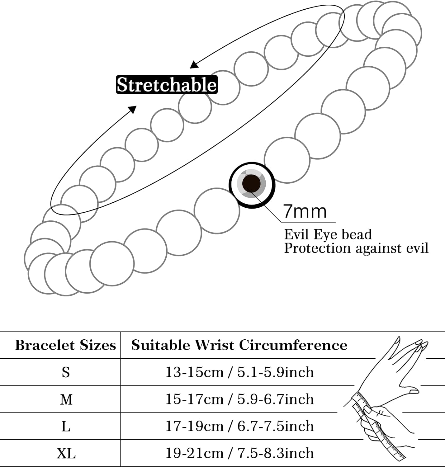 6 mm Böses Auge Armband aus schwarzen Kristallen – verstellbares Set aus Natursteinen für Herren und Damen, Schutzamulett als Geschenk für den Alltag/Geburtstag/Jahrestag