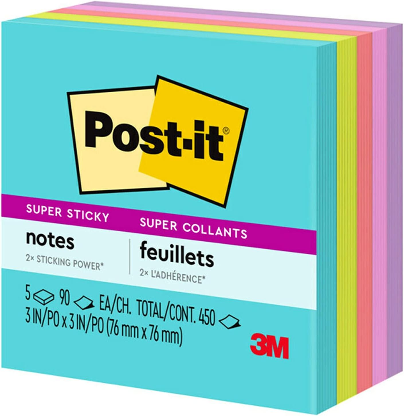 Post-it Super Sticky Haftnotizen, 5 Haftnotizblöcke, 76 x 76 mm, Schulbedarf, Bürobedarf, Haftnotizen für vertikale Flächen, Monitore, Wände und Fenster, Supernova Neons Kollektion