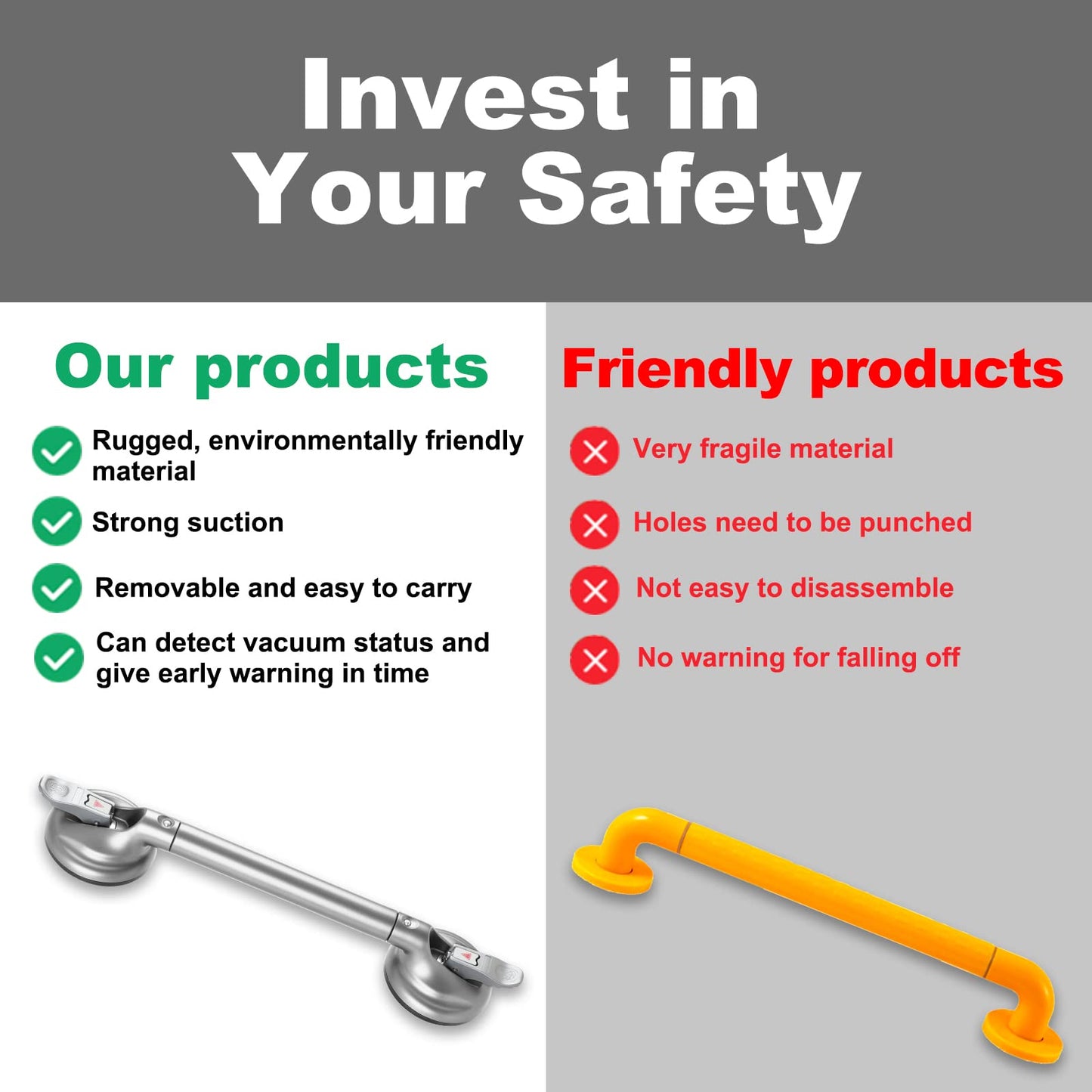 15-Inch Shower Handle - Upgraded Grab Bar with Strong Suction Cups for Bathtub & Shower Safety, Ideal for Seniors, Elderly, Disabled -Silver