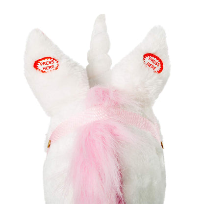 HollyHOME Plüsch Einhorn Steckenpferd mit Holzrädern Echten Pony Wiehern und Galoppieren Geräuschen Plüschtier Rosa 94 cm (AA Batterien Benötigt)