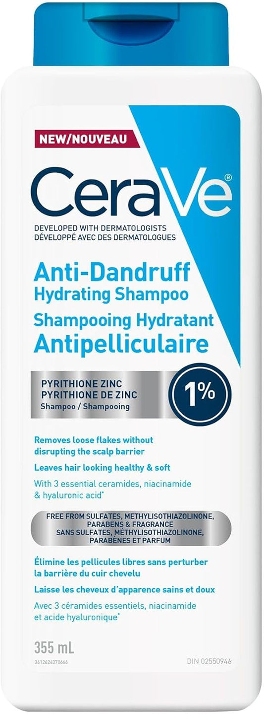 CeraVe Anti-Dandruff Hydrating Shampoo for Men & Women, Gently Cleanses Scalp & Hair While Reducing Flakes, Itchiness, and Irritation, Paraben-Free, Sulfate-Free, Suitable for All Hair Types. 355mL