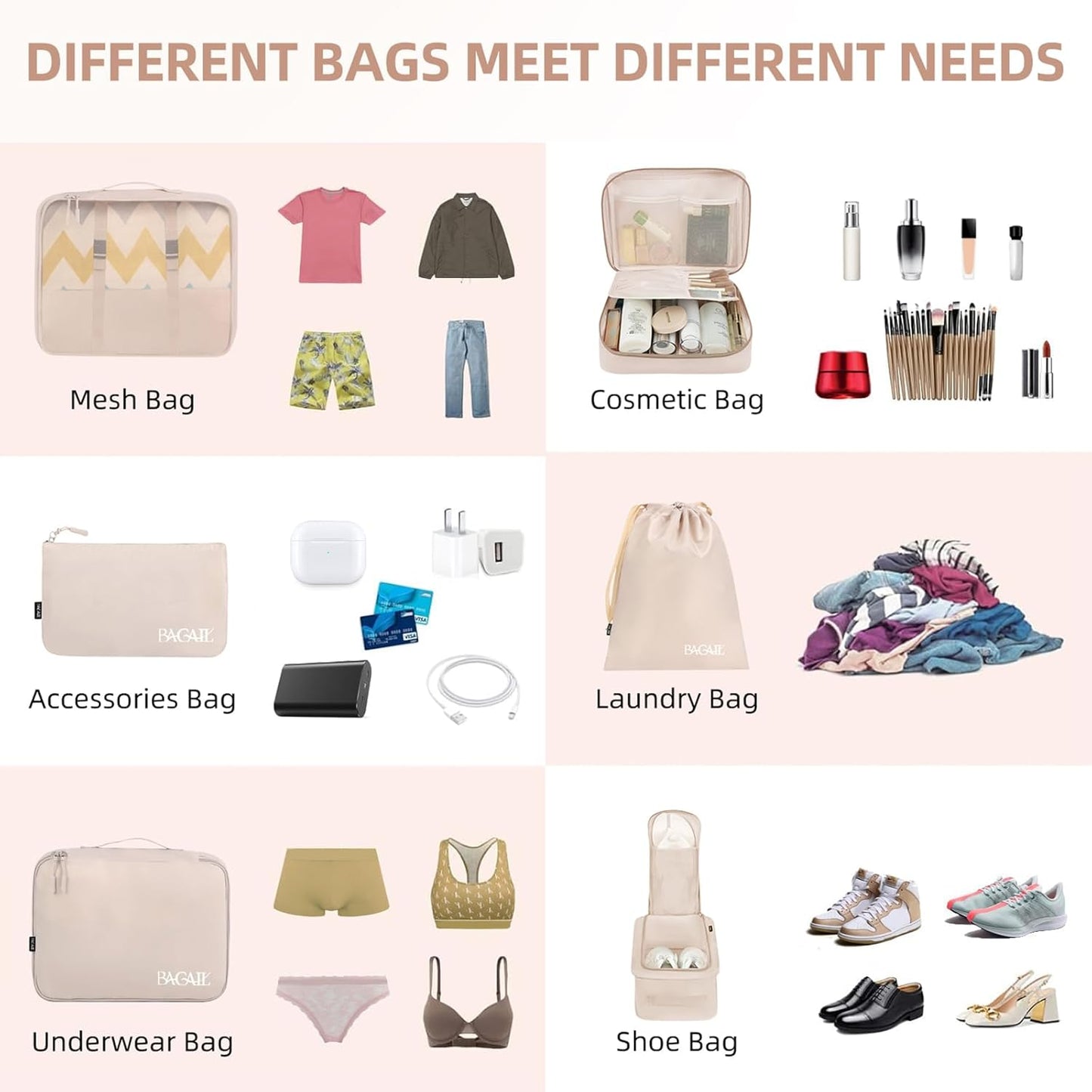 BAGAIL 8er Set Packwürfel Gepäckorganizer für Reisezubehör