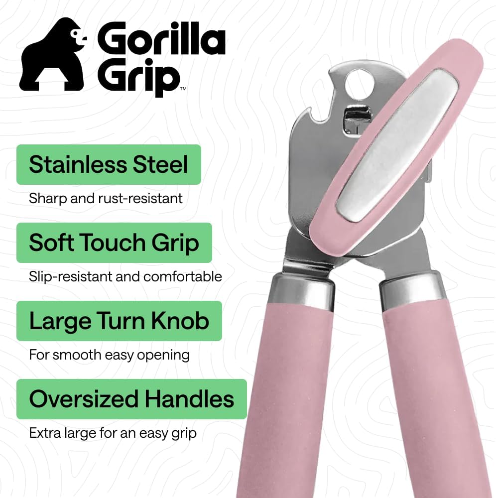 GORILLA GRIP Robuster manueller Dosenöffner, Flaschenöffner aus Edelstahl, öffnet Dosen mühelos, scharfe Klinge mit glattem Schnitt, leicht drehbarer Knopf für Senioren mit Arthritis, Küchenhelfer, Schwarz