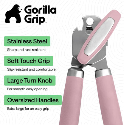GORILLA GRIP Robuster manueller Dosenöffner, Flaschenöffner aus Edelstahl, öffnet Dosen mühelos, scharfe Klinge mit glattem Schnitt, leicht drehbarer Knopf für Senioren mit Arthritis, Küchenhelfer, Schwarz