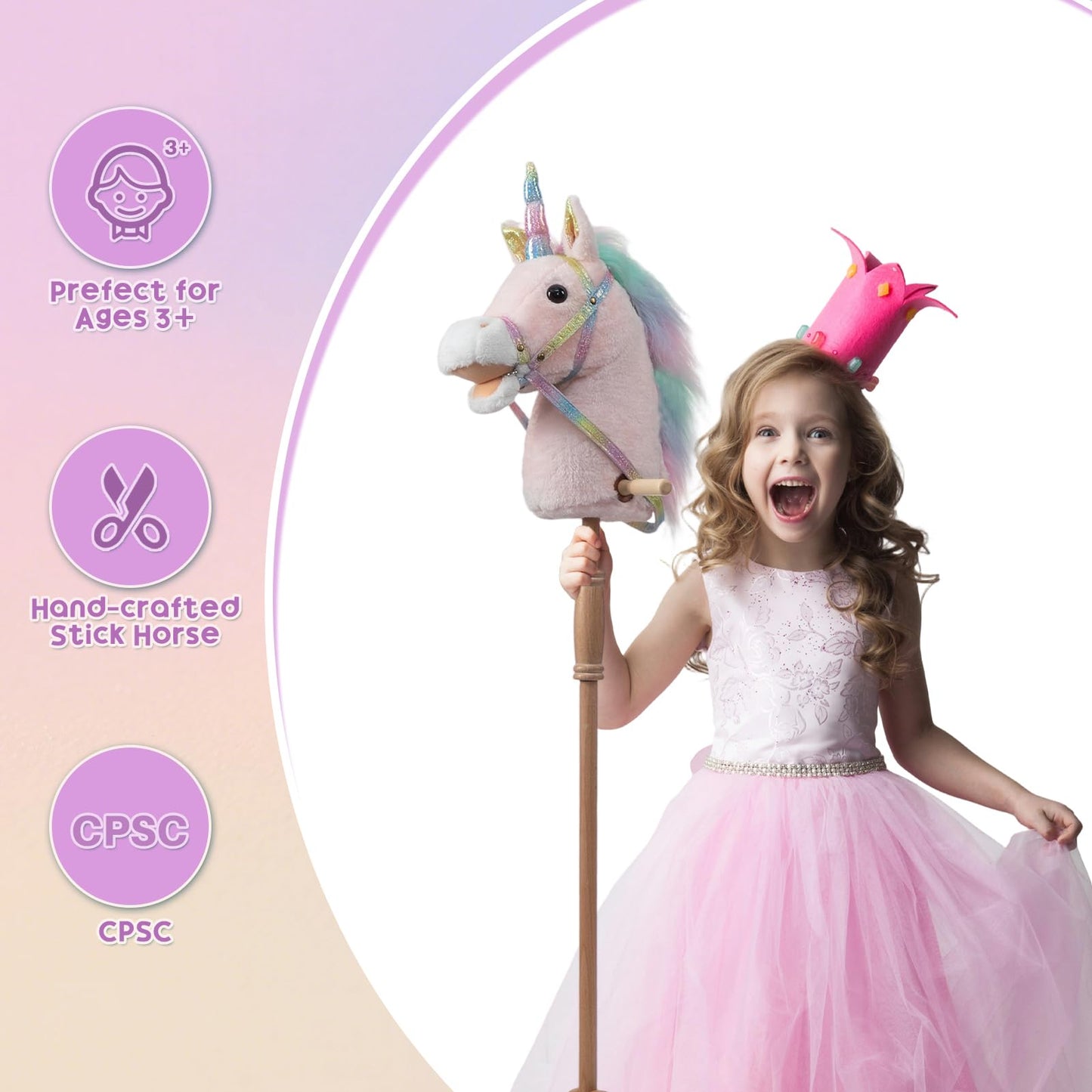 HollyHOME Plüsch Einhorn Steckenpferd mit Holzrädern Echten Pony Wiehern und Galoppieren Geräuschen Plüschtier Rosa 94 cm (AA Batterien Benötigt)