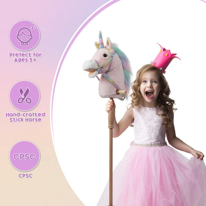 HollyHOME Plüsch Einhorn Steckenpferd mit Holzrädern Echten Pony Wiehern und Galoppieren Geräuschen Plüschtier Rosa 94 cm (AA Batterien Benötigt)