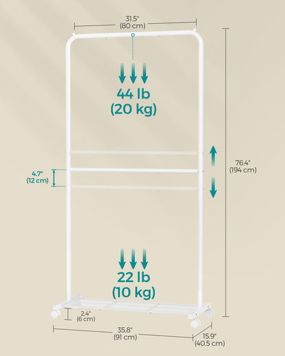 SONGMICS Clothes Rack with Wheels, Clothing Rack for Hanging Clothes, 25.4 mm Metal Garment Rack with Dense Mesh Storage Shelf, 110 lb Load Capacity, 2 Brakes, Black UHSR25BK