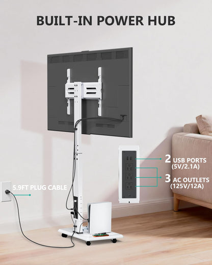 WALI Rolling TV Stand with Power Outlet & AV Shelf, Mobile Tall TV Stand Mount on Wheels for 34-75 inch TV up to 110 lbs, Swivel Height Adjustable TV Cart with Wood Base for Bedroom(TVDVD-6PRW), White