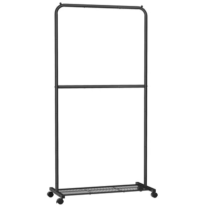SONGMICS Clothes Rack with Wheels, Clothing Rack for Hanging Clothes, 25.4 mm Metal Garment Rack with Dense Mesh Storage Shelf, 110 lb Load Capacity, 2 Brakes, Black UHSR25BK