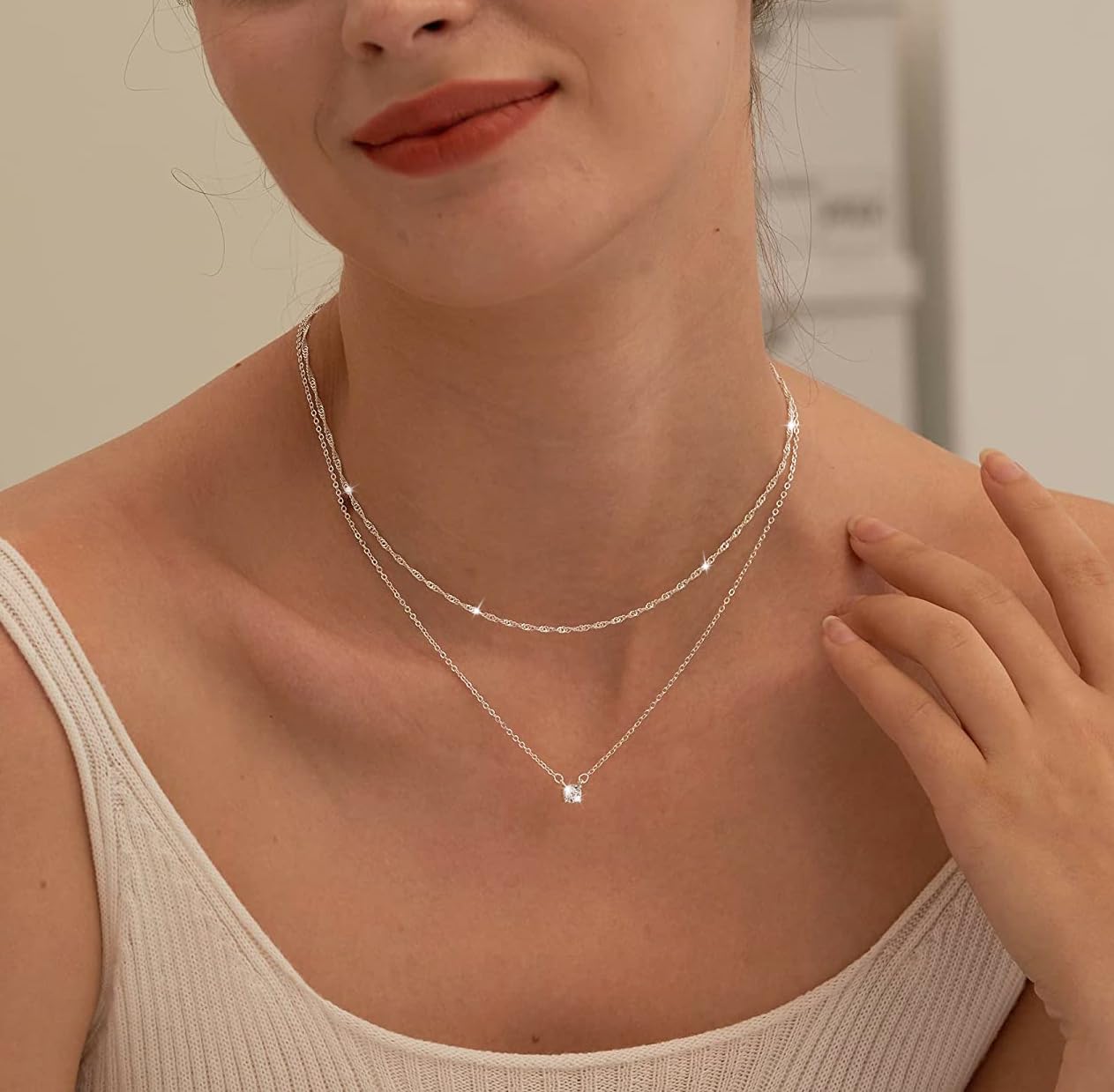 Tewiky Dainty 14k Gold Plated/Silver Cubic Zirconia Necklaces for Women, Simple CZ Jewelry Necklaces Trendy Gifts