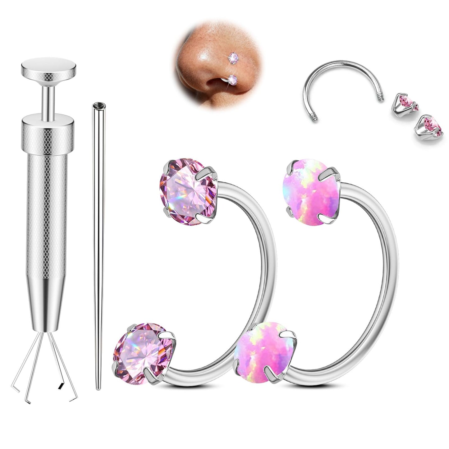 Opal Nose Ring Studs Horseshoe Nose Rings Hoops Stud 316L Stainless Steel Nose Rings Round CZ Square Screw L Shaped Nose Stud Hypoallergenic Nostril Piercing Jewelry for Women Men