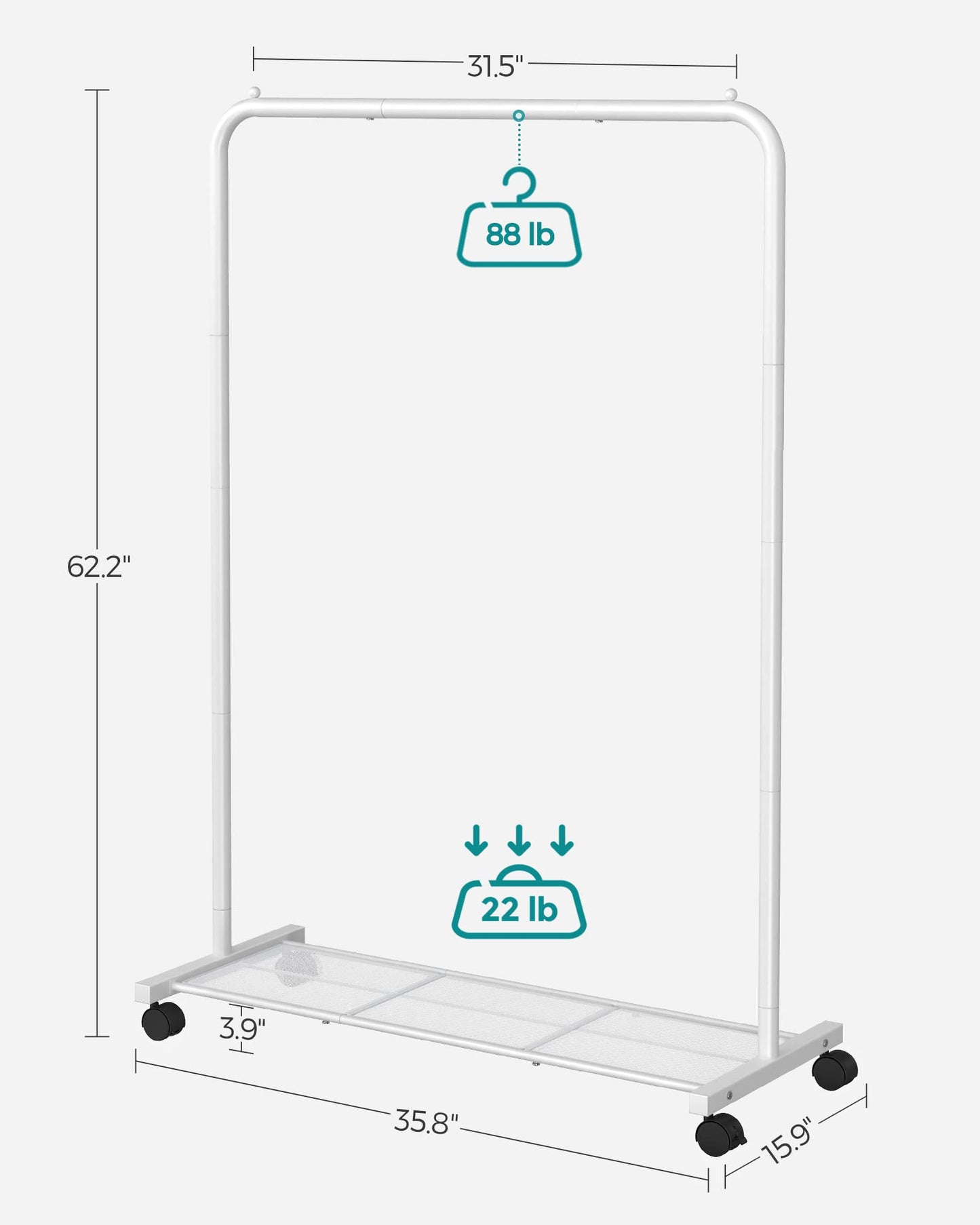 SONGMICS Clothes Rack with Wheels, Clothing Rack for Hanging Clothes, 25.4 mm Metal Garment Rack with Dense Mesh Storage Shelf, 110 lb Load Capacity, 2 Brakes, Black UHSR25BK