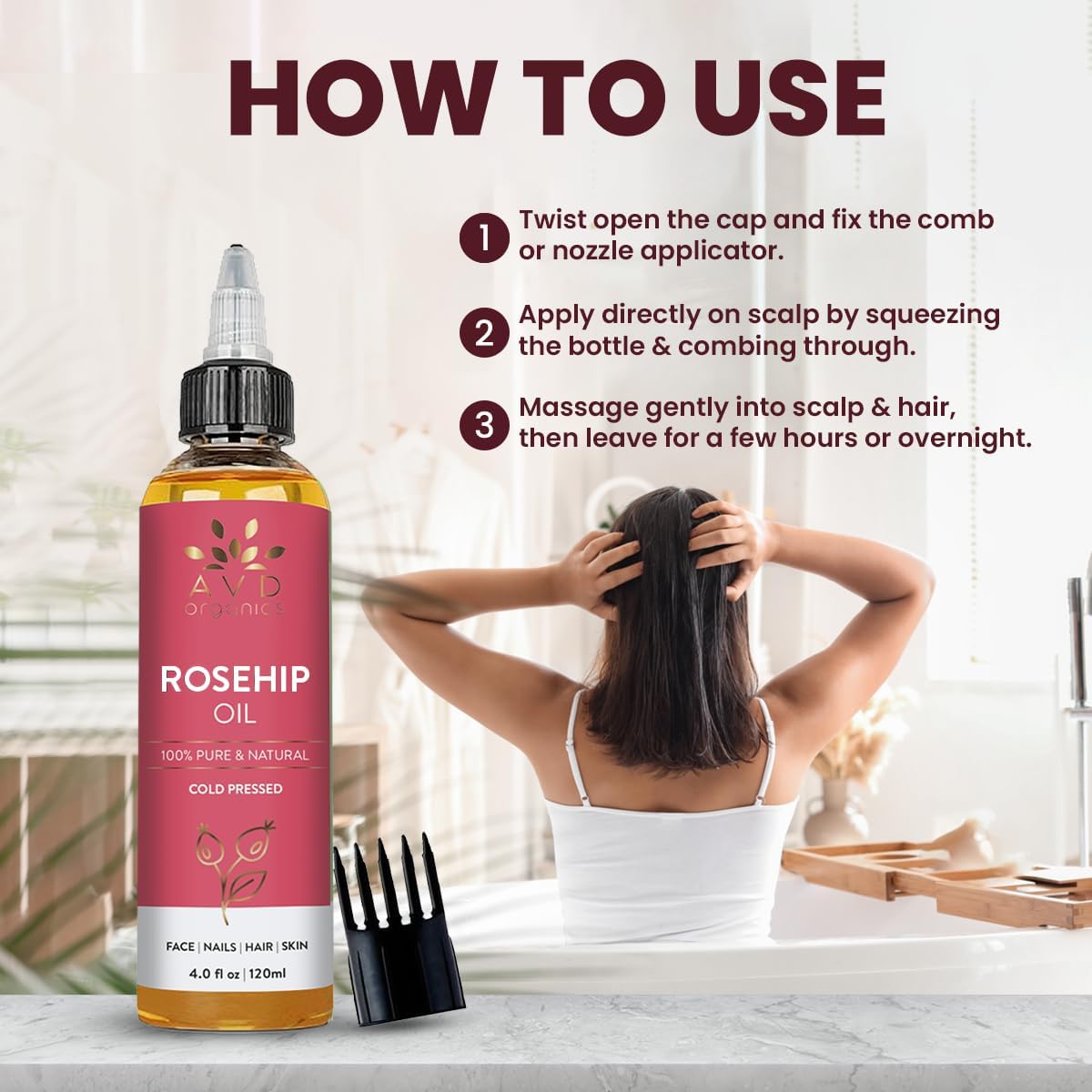 AVD Organics Rosmarinöl für Haarwachstum & Kopfhaut | Mit Biotin angereichert | Haarstärkend, pflegend und voluminös | Mit Jojoba- & Rizinusöl angereichert | GVO-frei 120ml