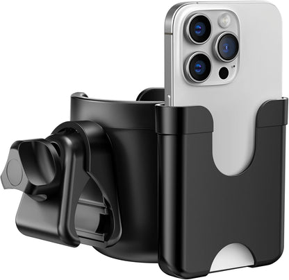 Guiseapue Stroller Cup Holder with Phone Holder: Universal Cup Holder for Walker, Wheelchair, Bike, Golf/Stroller Accessories for Uppababy, Nuna, Doona, Rollator, Golf Cart, Scooter, Black