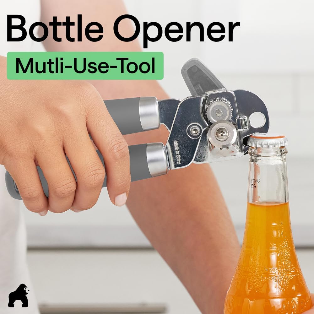 GORILLA GRIP Robuster manueller Dosenöffner, Flaschenöffner aus Edelstahl, öffnet Dosen mühelos, scharfe Klinge mit glattem Schnitt, leicht drehbarer Knopf für Senioren mit Arthritis, Küchenhelfer, Schwarz