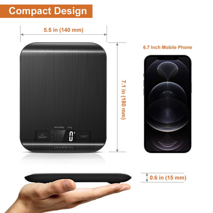 CROWNFUL Küchenwaage, 11lb/5kg Digitale Küchenwaage für Kochen und Backen, 6 Maßeinheiten mit Tara-Funktion (Batterie enthalten)