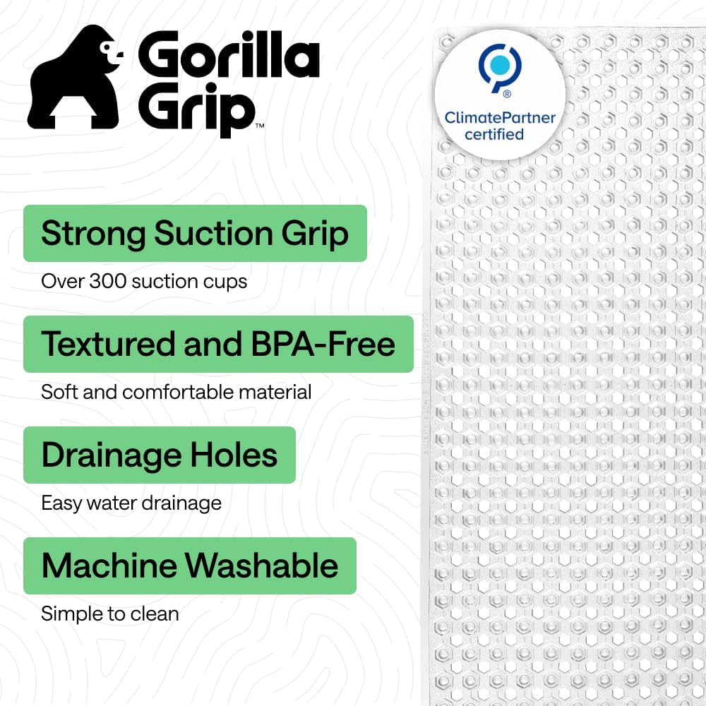 GORILLA GRIP Patentierte Badewannen-Duschmatte, Maschinenwaschbare Badewannenbodenmatte, Saugnäpfe und Abflusslöcher für saubere Wannen, Badezimmer-Essentials, 89x41 cm, Transparent