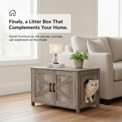 Homhedy Cat Litter Box Enclosure, Wooden Cat Washroom Furniture with Barn Door, Pet House, Fit Most of Litter Box, White