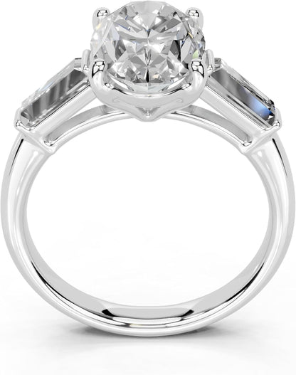 Oval Cut Lab Grown Diamond IGI Certified 4 Prong Baguette Accent Engagement Anniversary Wedding Ring in 14K Gold, Platinium for Women (1.0-5.0 Ct, F-G Color, VS1-VS2 Clarity)