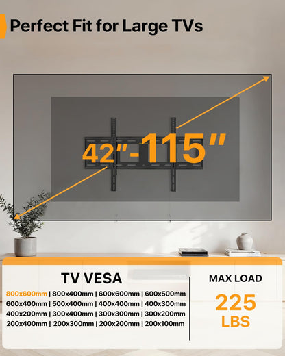Perlegear Heavy Duty Fixed TV Wall Mount for 42"-115" TVs up to 225 lbs, Low Profile TV Mount Fits 16", 24", 32" Studs, One-Piece Bracket with Magnetic Pull Tabs, Max VESA 800x600mm
