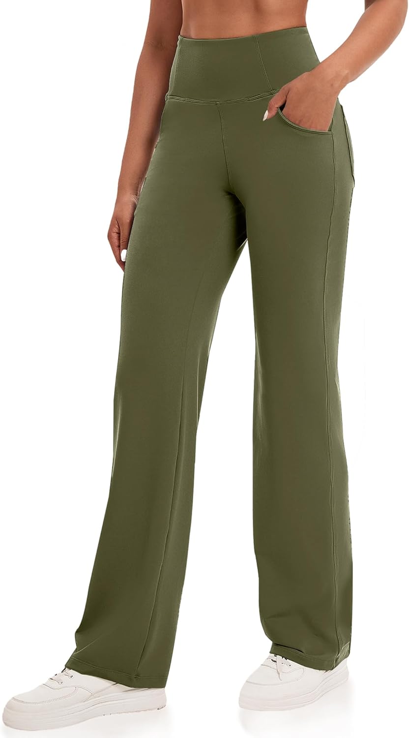 VOOVEEYA Yogahosen für Damen mit Taschen, gerade geschnittene Hose mit weitem Bein, hochtaillierte Business-Hose, petite/regulär//lang