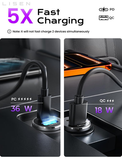 LISEN Mini USB C Auto-Ladegerät, [Aluminiumlegierung] Zigarettenanzünder-Adapter, 54W Auto-Ladegerät USB C Schnellladegerät, Auto Handy-Ladegerät, 12V USB-Steckdose, Auto-Zubehör für iPhone 17 16 Pro Max Air 15 Galaxy